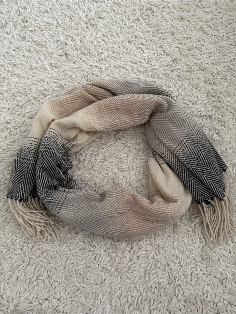 Neutral Ombre Fringe Wrap Scarf - Soft Beige, Cream & Gray